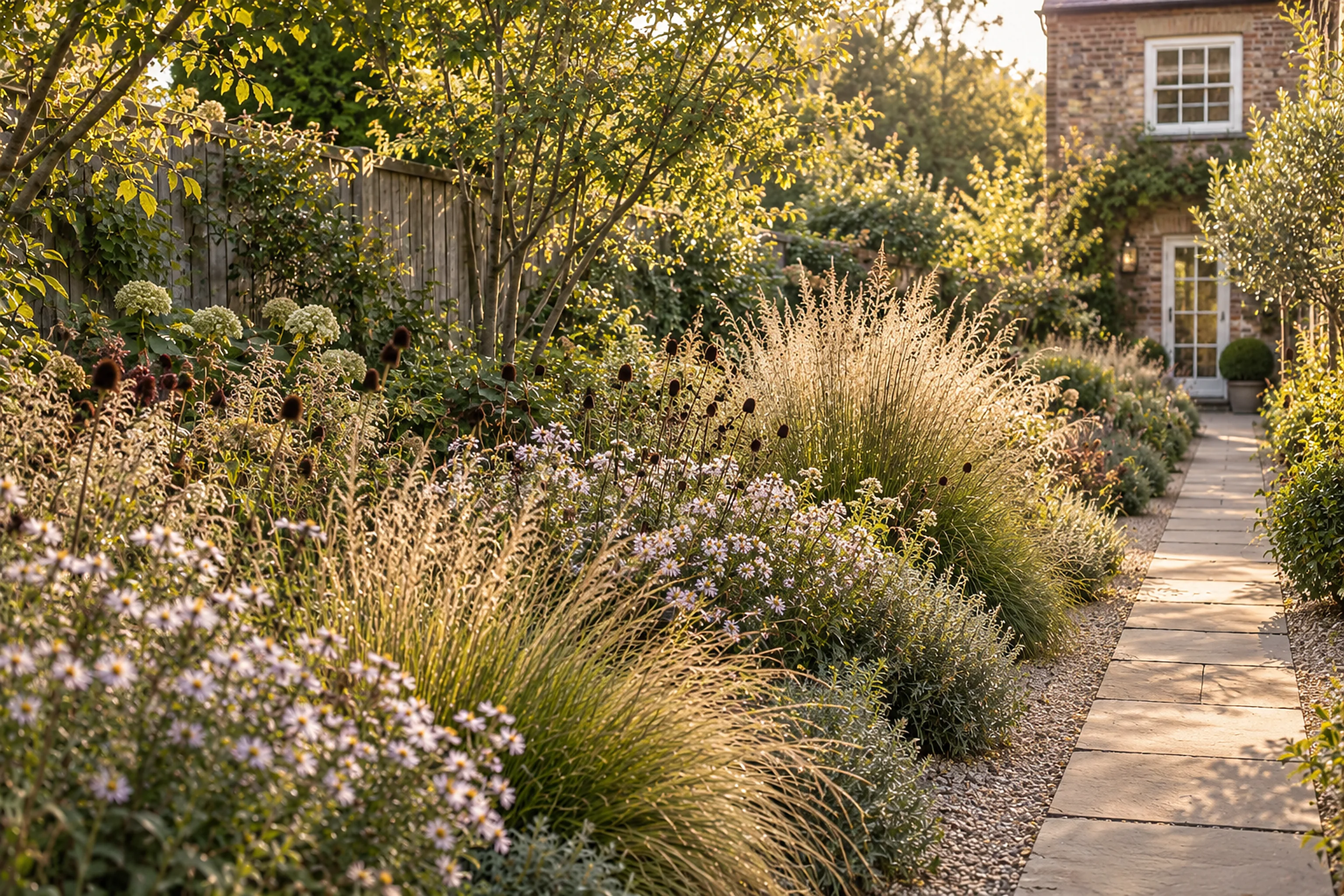 A stone path between deep borders of grasses and perennials, leading to a brick house.