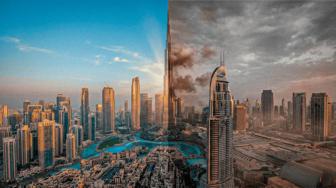Skyline de Dubái dividido en dos mitades con un contraste visual entre dos escenarios urbanos