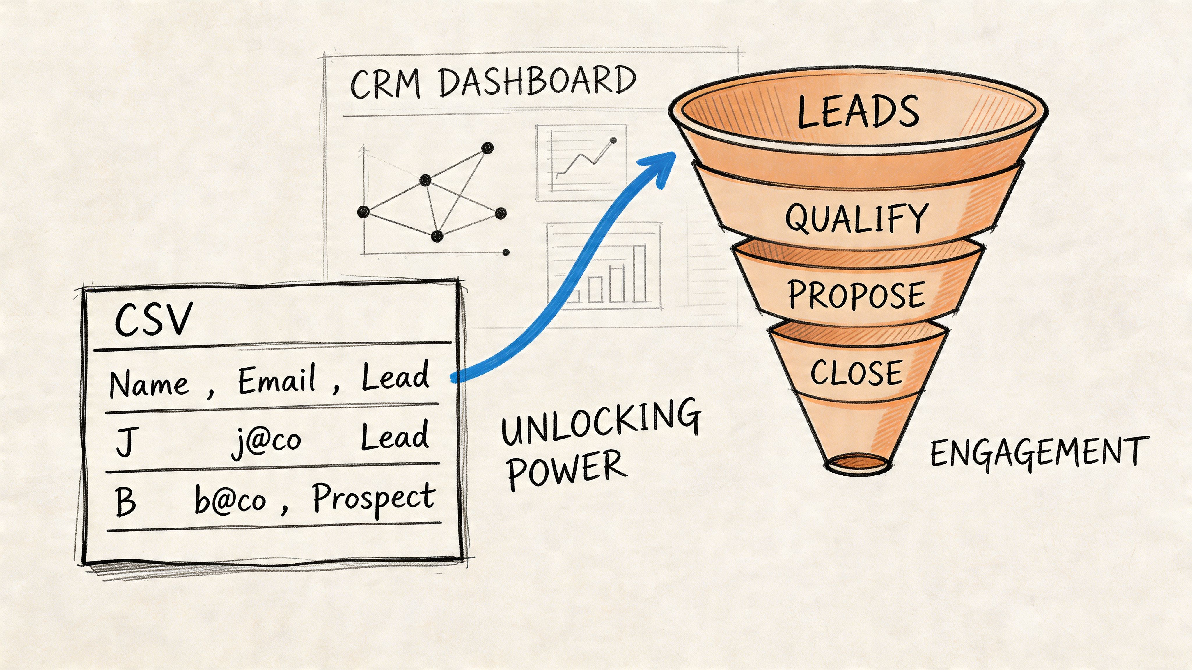A conceptual illustration showing a CSV file list feeding into a sales funnel process in a CRM.