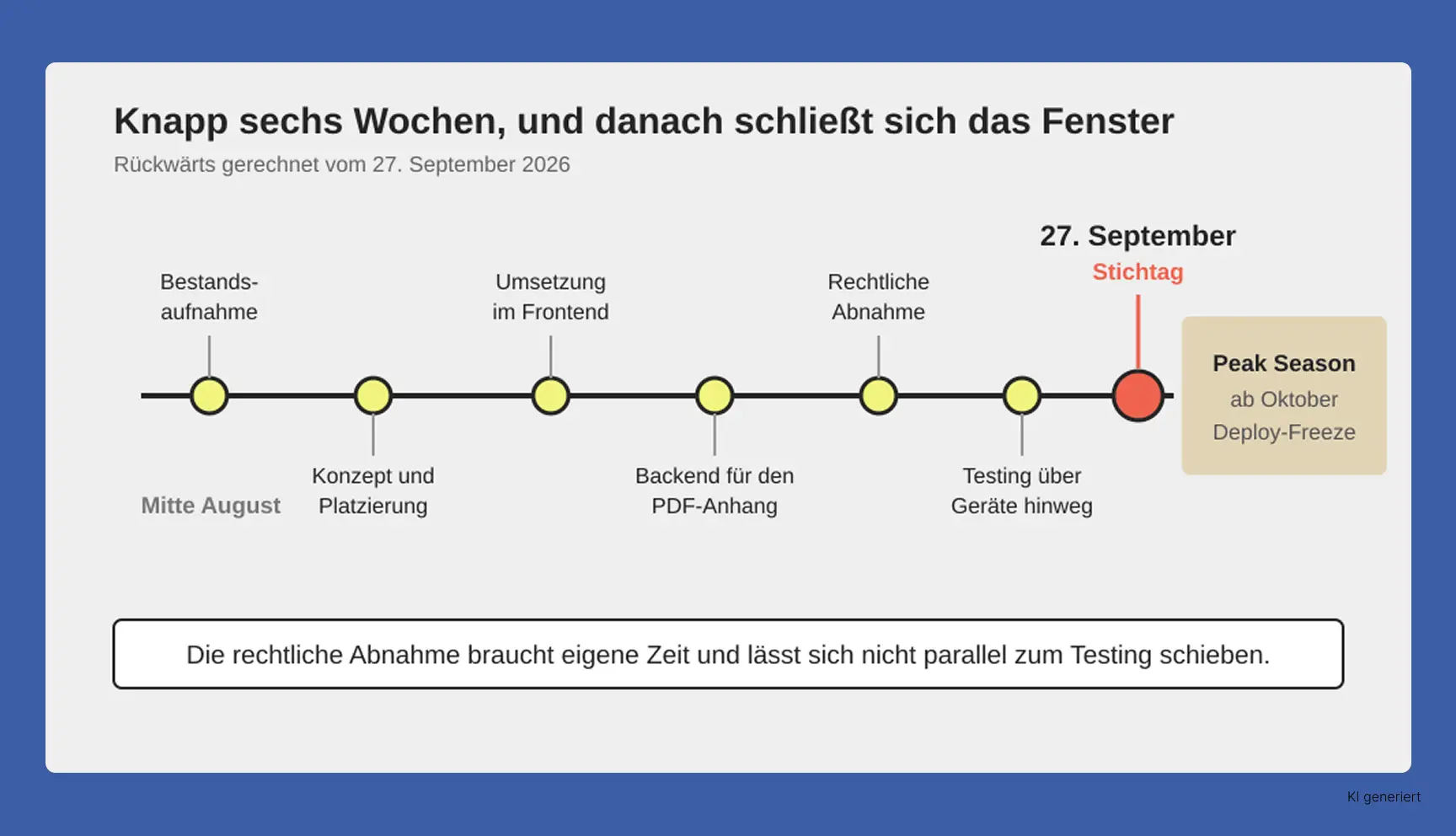 Zeitstrahl mit sechs Umsetzungsschritten bis zum Stichtag 27. September 2026 und dem Peak-Season-Freeze ab Oktober