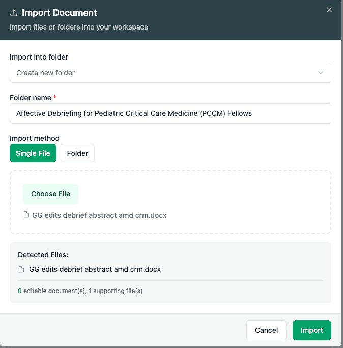 Coauthor import document modal showing folder selection and file upload options
Image Title: Importing Existing Research Documents