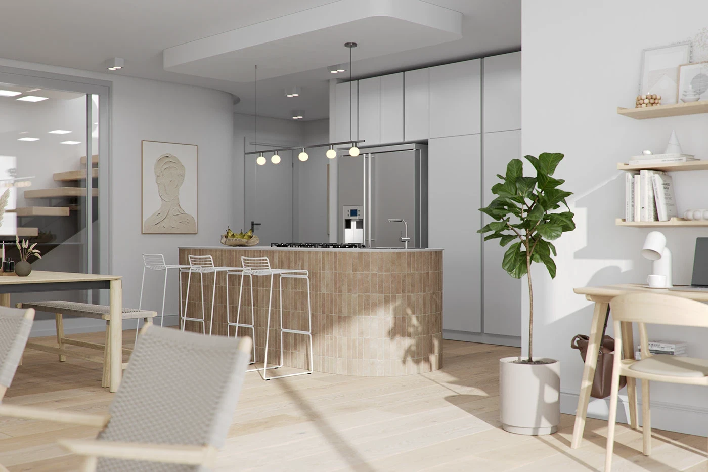 Modern open-plan dining and kitchen area with wooden dining set, white cabinetry, pendant lights, and Christmas tree decoration