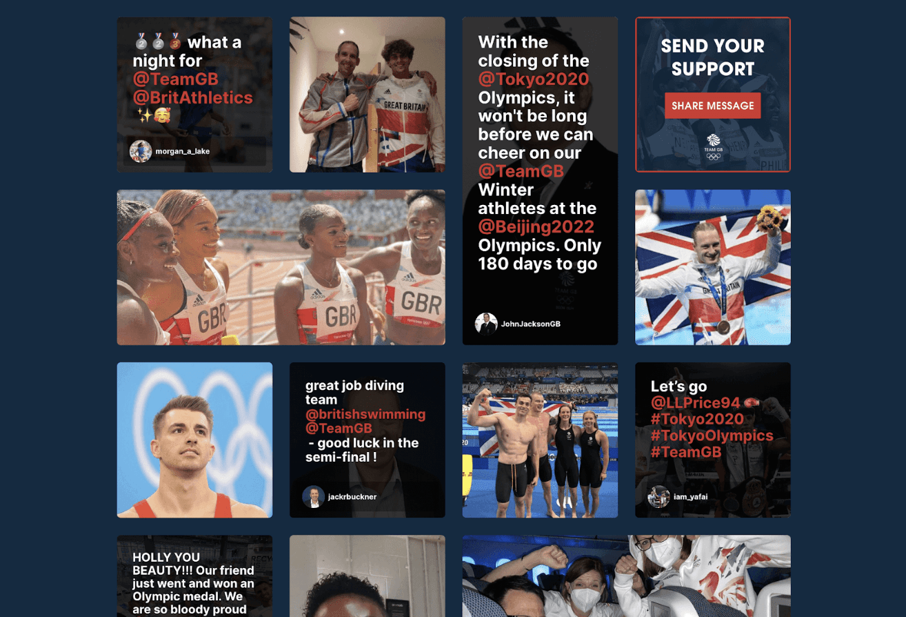Team GB athlete-to-athlete support wall featuring messages from former Olympians