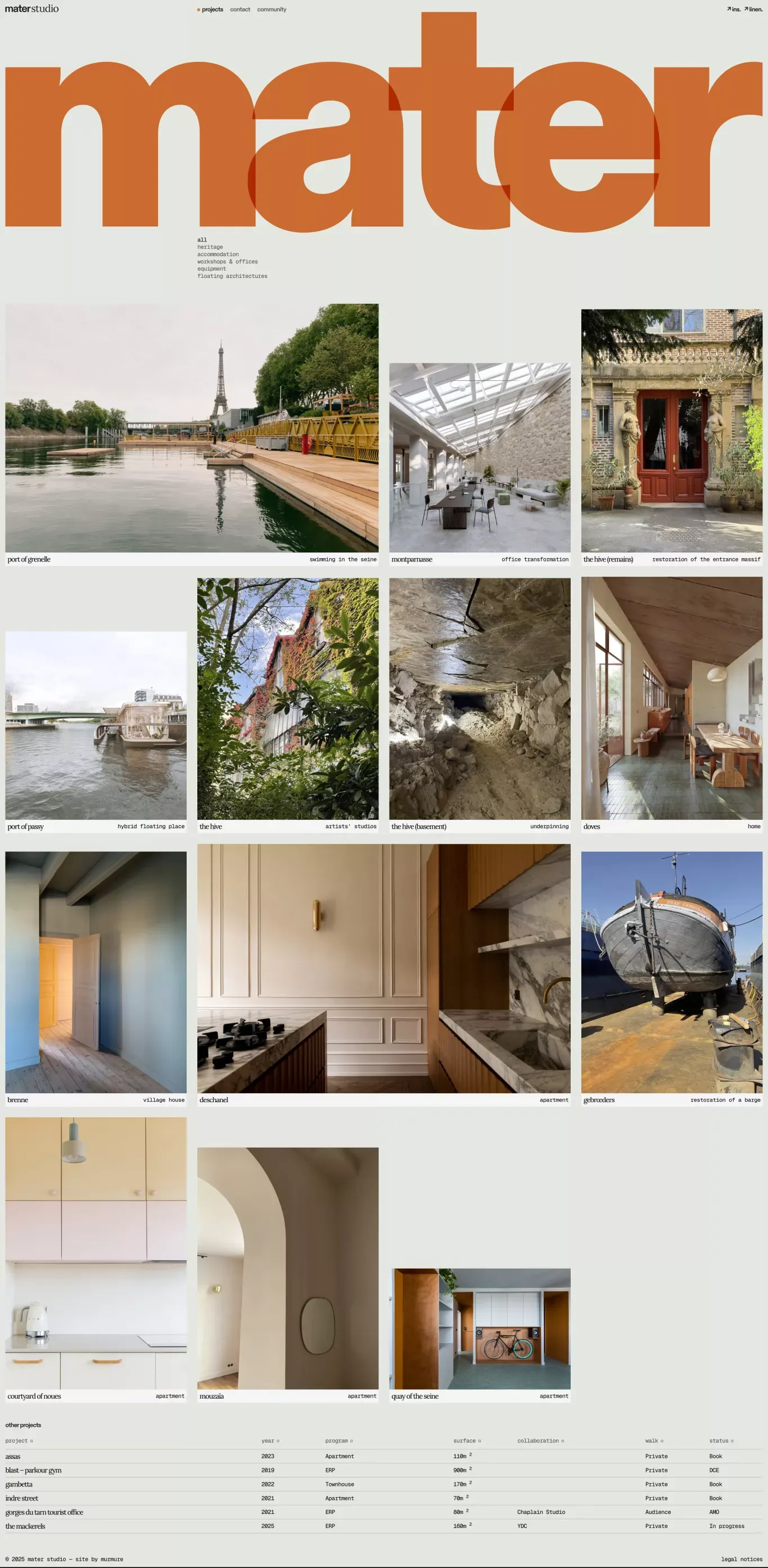 Mater Studio - Bienvenue portfolio page screenshot showcasing Architecture and Design design
