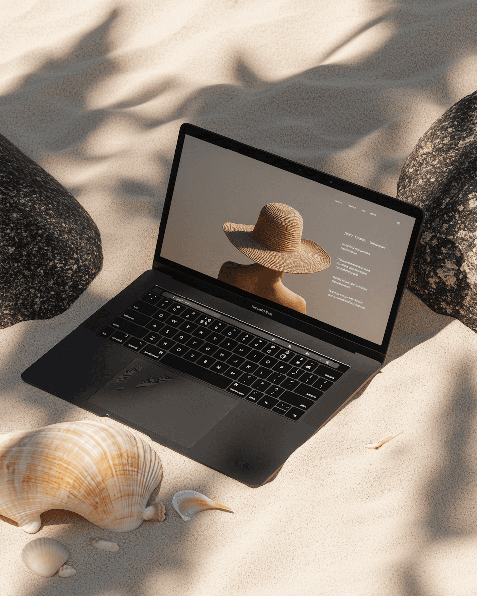 A laptop on a sandy beach