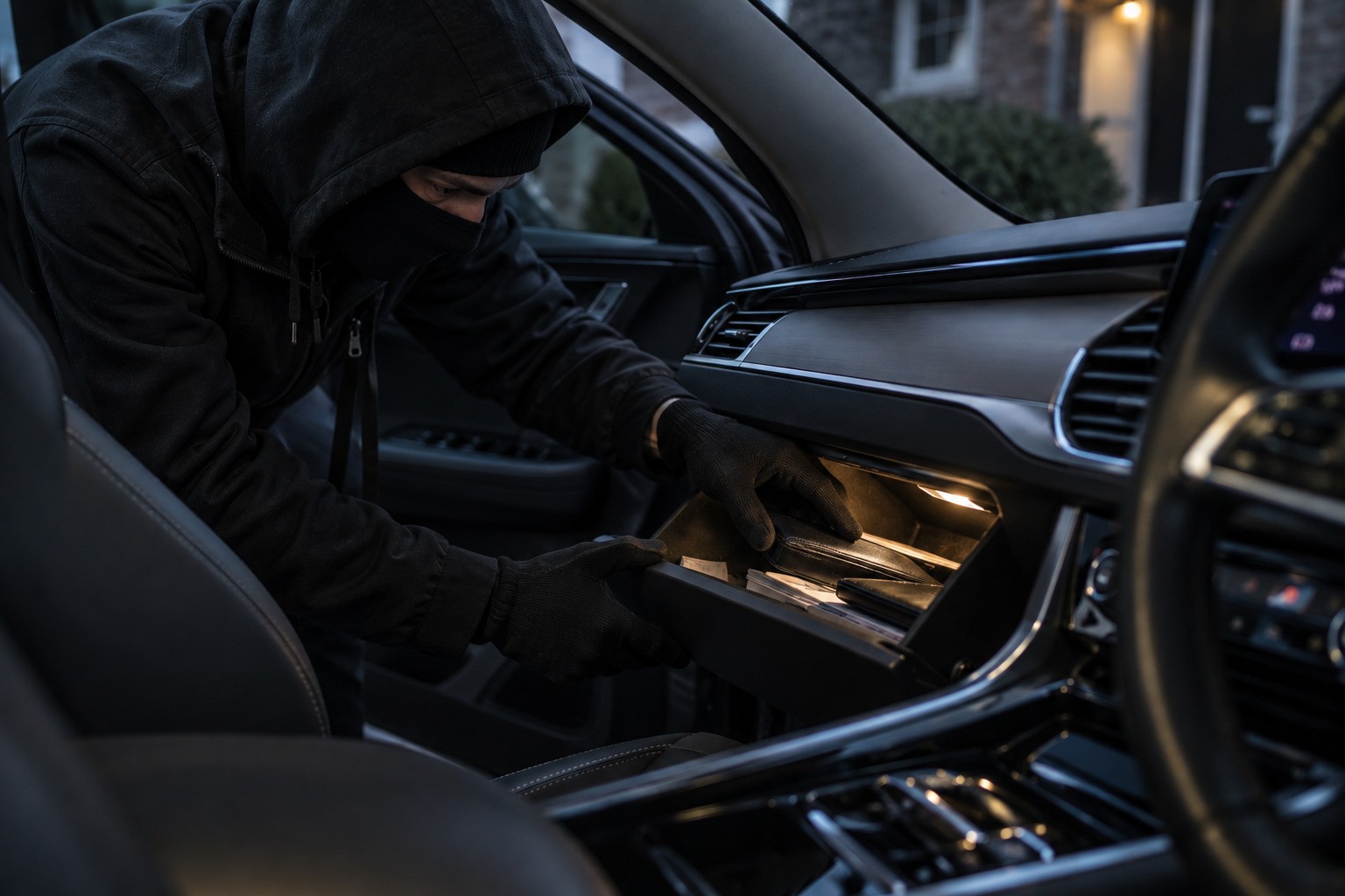 Een inbreker in een auto die in het dashboardkastje kijkt