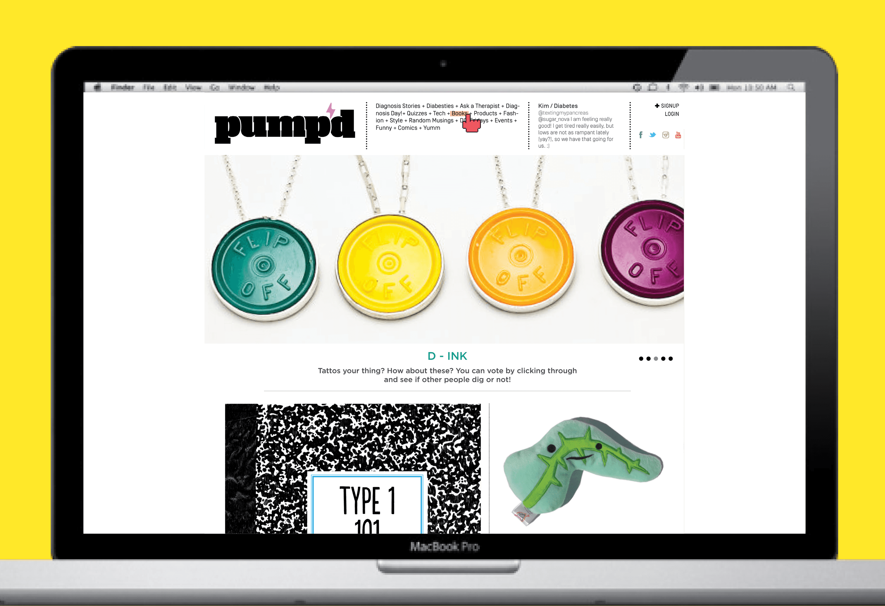 A laptop screen displays a webpage titled "pumpd." The page features four colorful circular pendants hanging from chains, each labeled "FLIP OFF." Below the pendants, a section titled "D - INK" describes tattoos and encourages users to vote by clicking through and seeing other people's votes. A black and white image labeled "TYPE 1 101" appears below the text. The laptop’s dock is visible at the bottom.