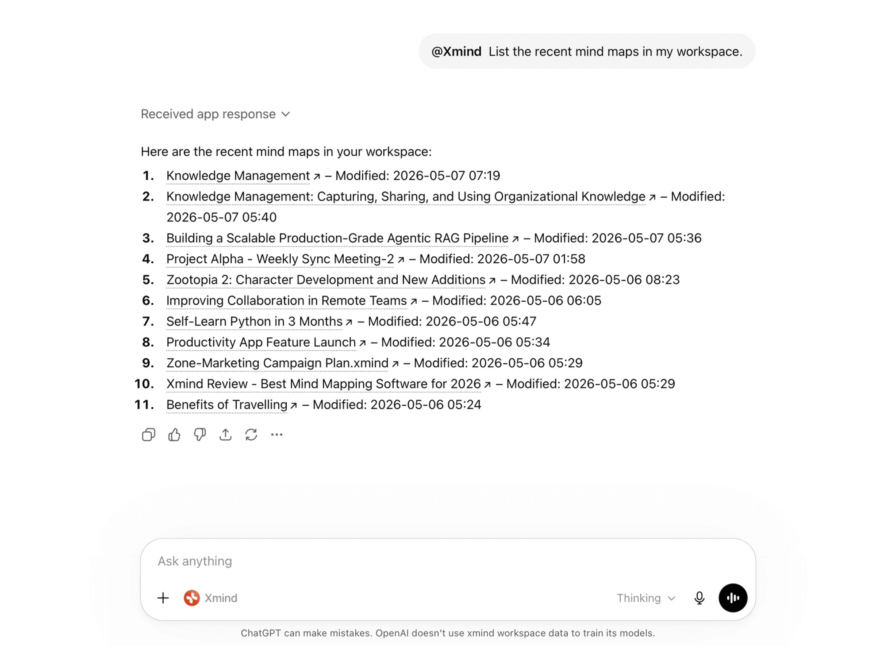 List mind maps with Xmind MCP inside ChatGPT