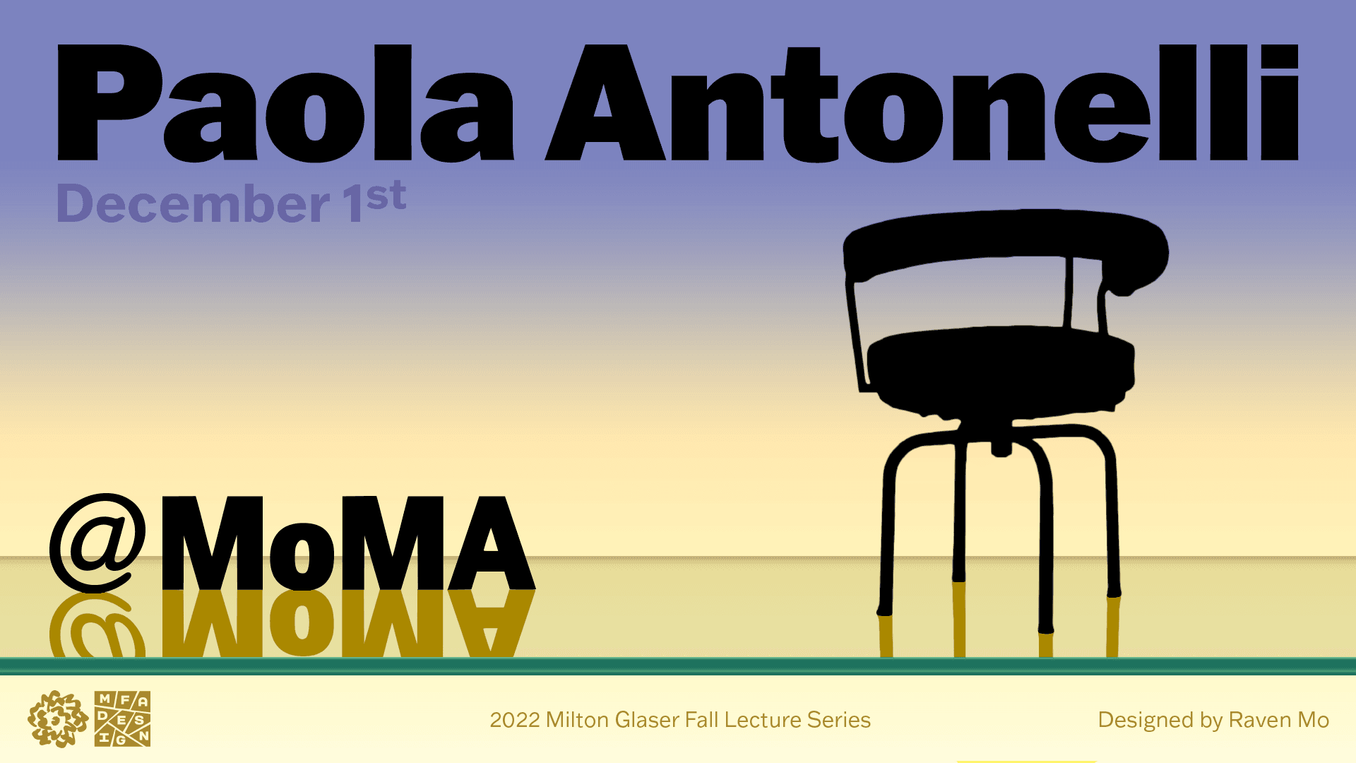 Colorful poster announcing the MOMA visit with Paola Antonelli