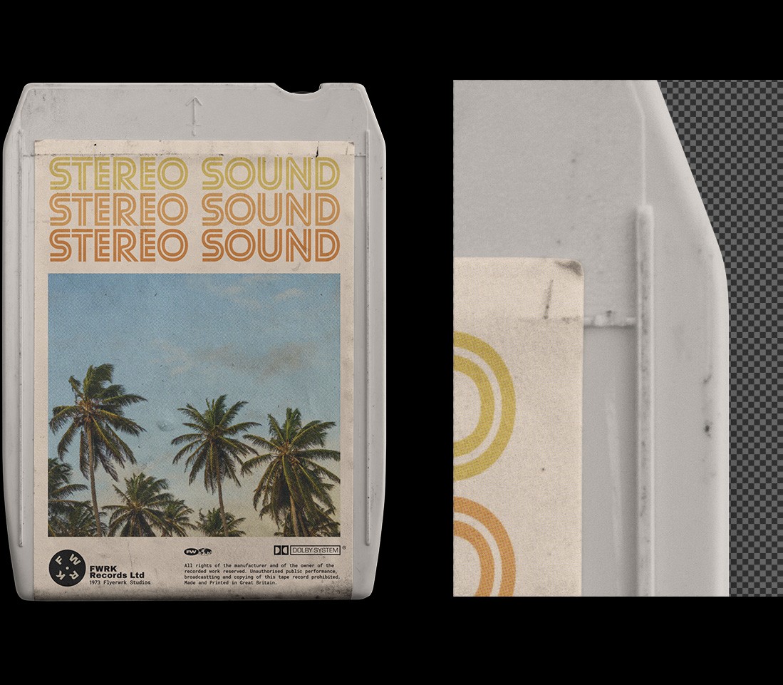 Detailed close-up of the 8-Track Cartridge Mockup highlighting realistic plastic scratches and paper textures