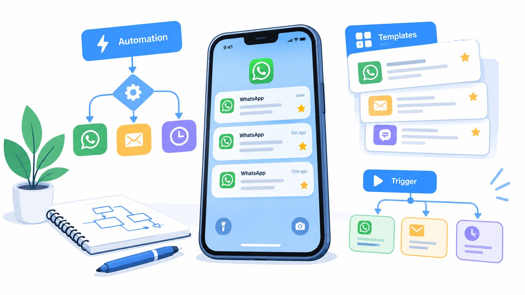 Representación visual de un sistema automatizado de WhatsApp para fidelizar clientes y gestionar mensajes eficientemente.