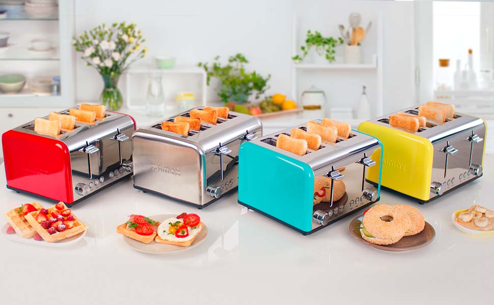 A modern kitchen countertop displays an array of colorful Cusimax toasters in red, silver, blue, and yellow, each loaded with slices of bread, surrounded by various breakfast items like waffles, bagels, and fresh fruit, under soft natural lighting.
