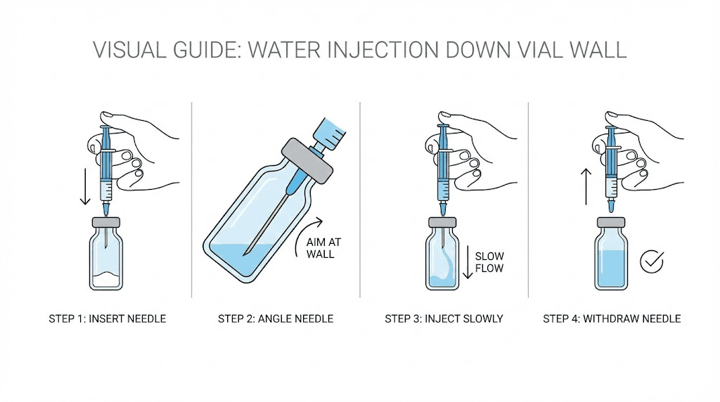 Proper technique for adding bacteriostatic water to GHK-Cu vial showing wall injection method