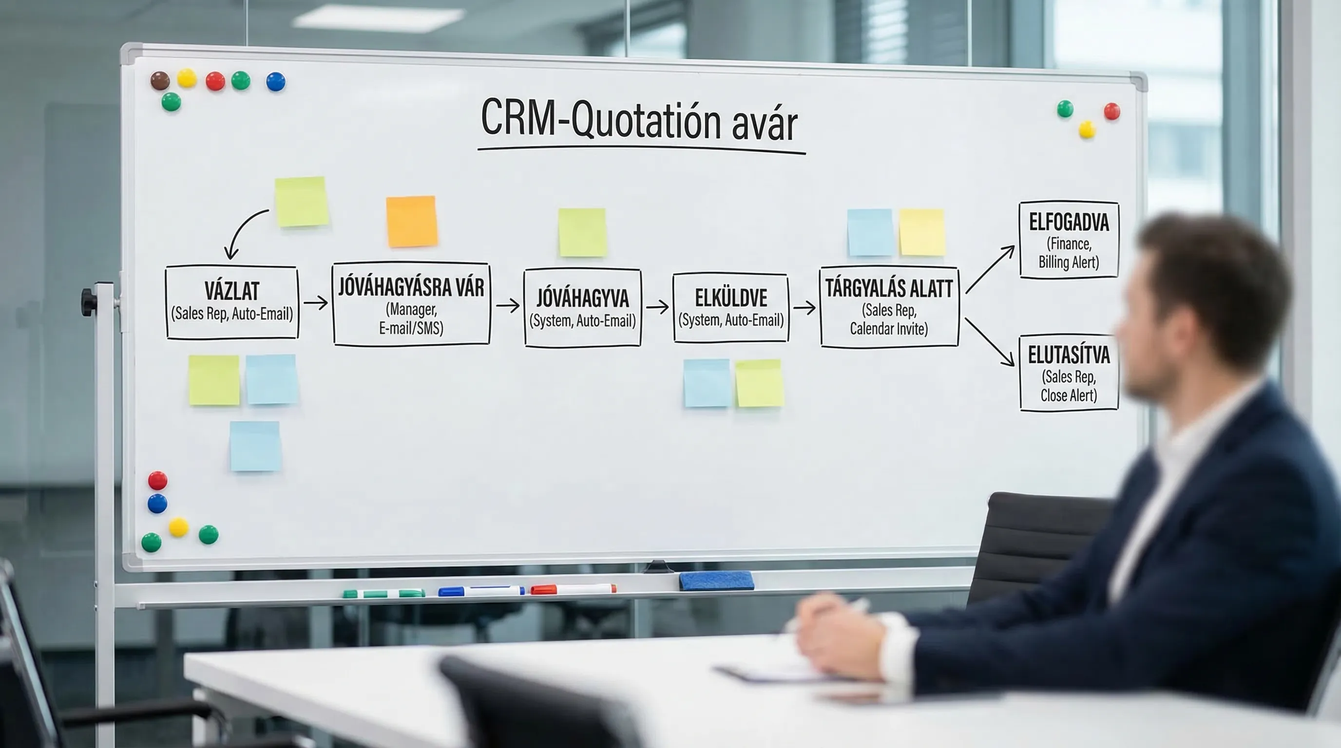 Egyszerű ábra egy CRM árajánlat folyamatáról: vázlat, jóváhagyásra vár, jóváhagyva, elküldve, tárgyalás alatt, elfogadva vagy elutasítva. Minden állapothoz egy felelős szerepkör és egy automatikus értesítés kapcsolódik.