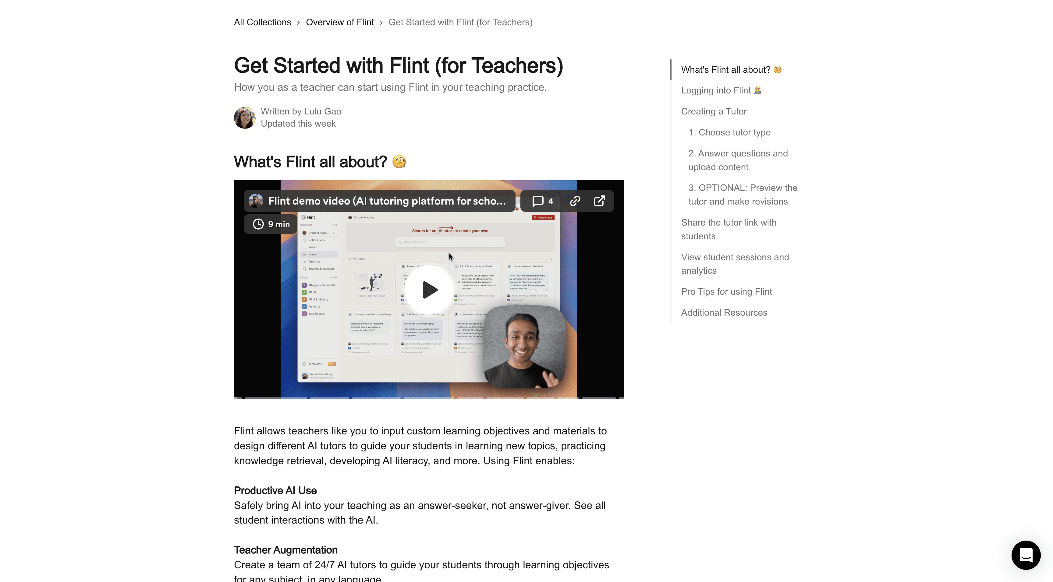 Screenshot of "Get started with flint for teachers" help center article