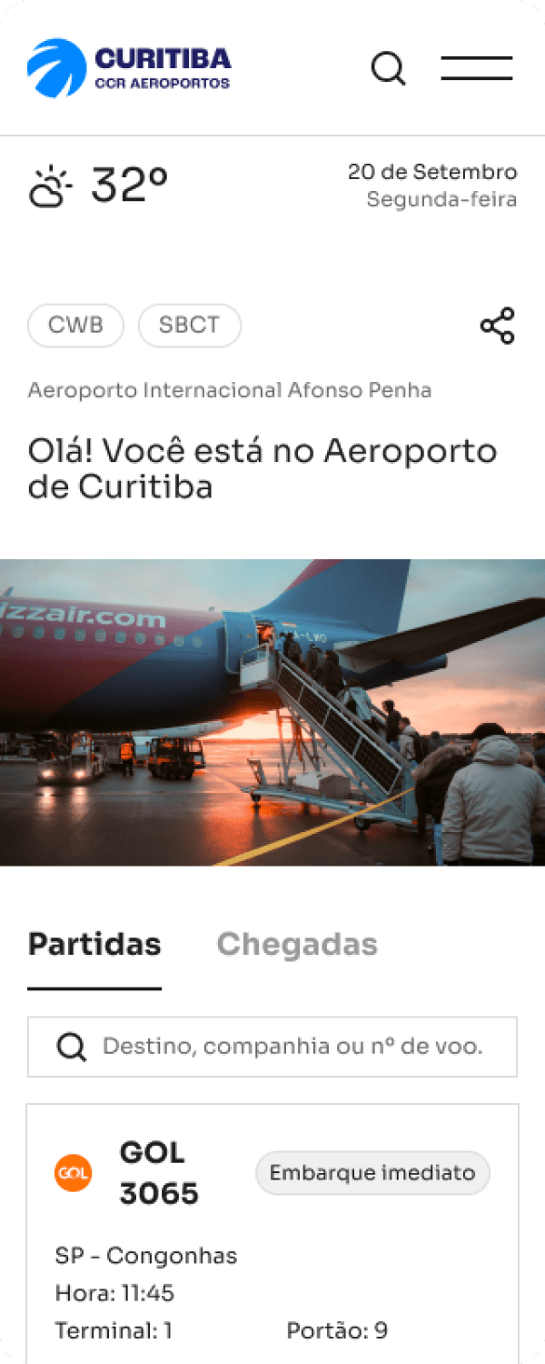 Screenshot of Curitiba Airport's mobile app or website. The weather is 32°C, and the date is Monday, September 20. A message reads "Hello! You are at Curitiba Airport." There is a photo of passengers boarding an airplane. Flight information shows GOL flight 3065 to São Paulo - Congonhas, departing at 11:45 from Terminal 1, Gate 9, with immediate boarding.