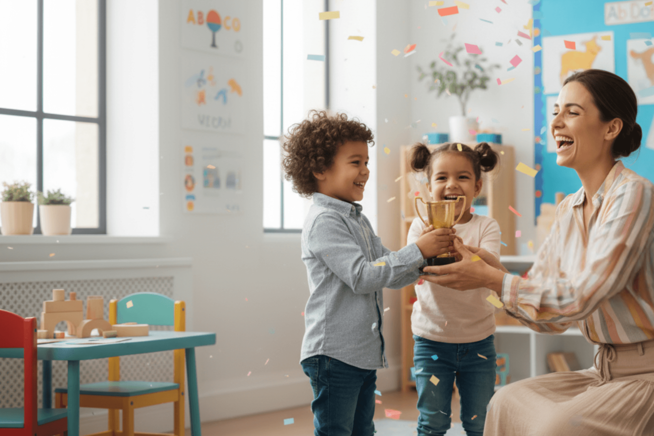 Woman smiling and relaxing in a bright classroom setting, showing the benefit of **less financial stress
