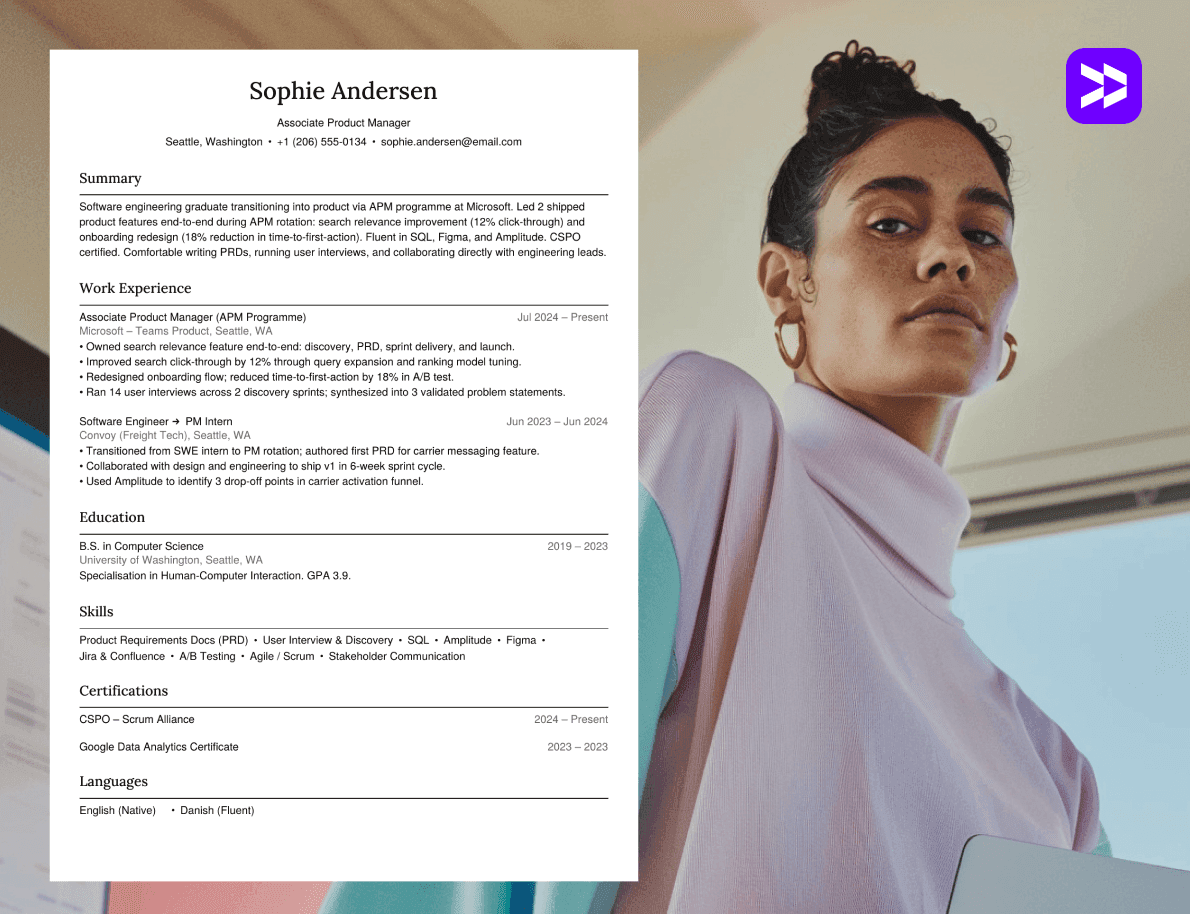 Product manager CV example in professional office setting