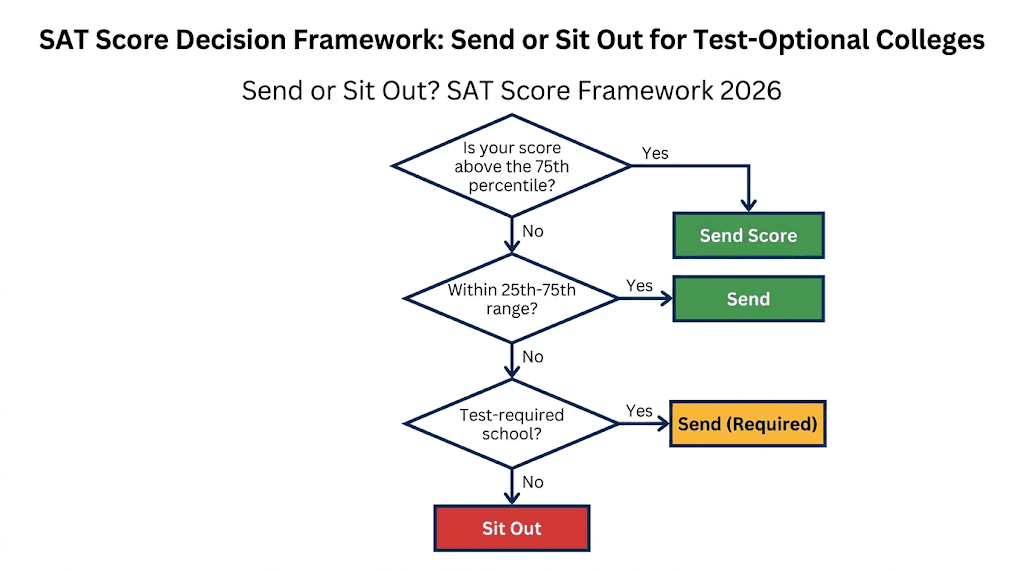 SAT score send framework for test-optional colleges in 2026. Compare against the 25th-75th percentile range to decide whether to send scores or sit out.