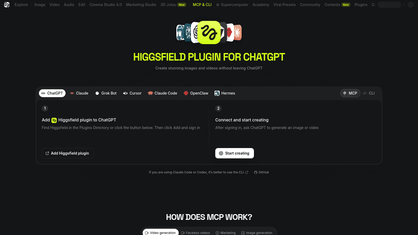 Higgsfield AI landing page showcasing the plugin setup for ChatGPT and other integrated tools.