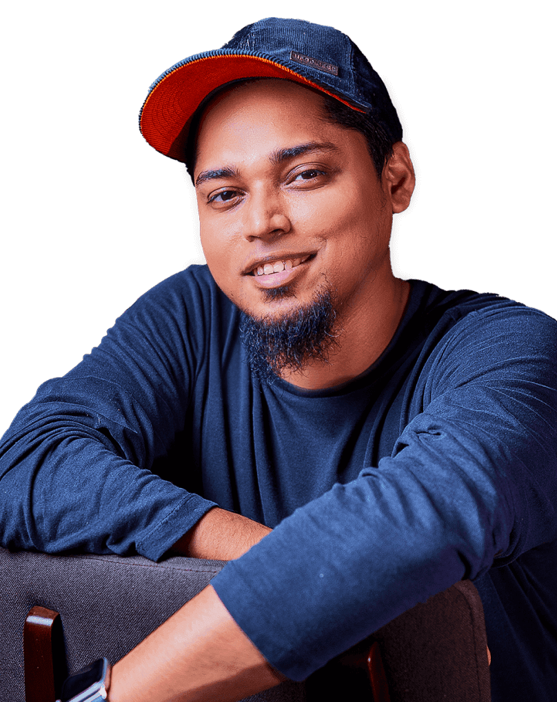 Portrait of Abdullah Noman smiling, wearing a dark shirt and cap, with a frosted glass overlay showing his name and title “Product Designer + SaaS & Startup Specialist,” and social links above.