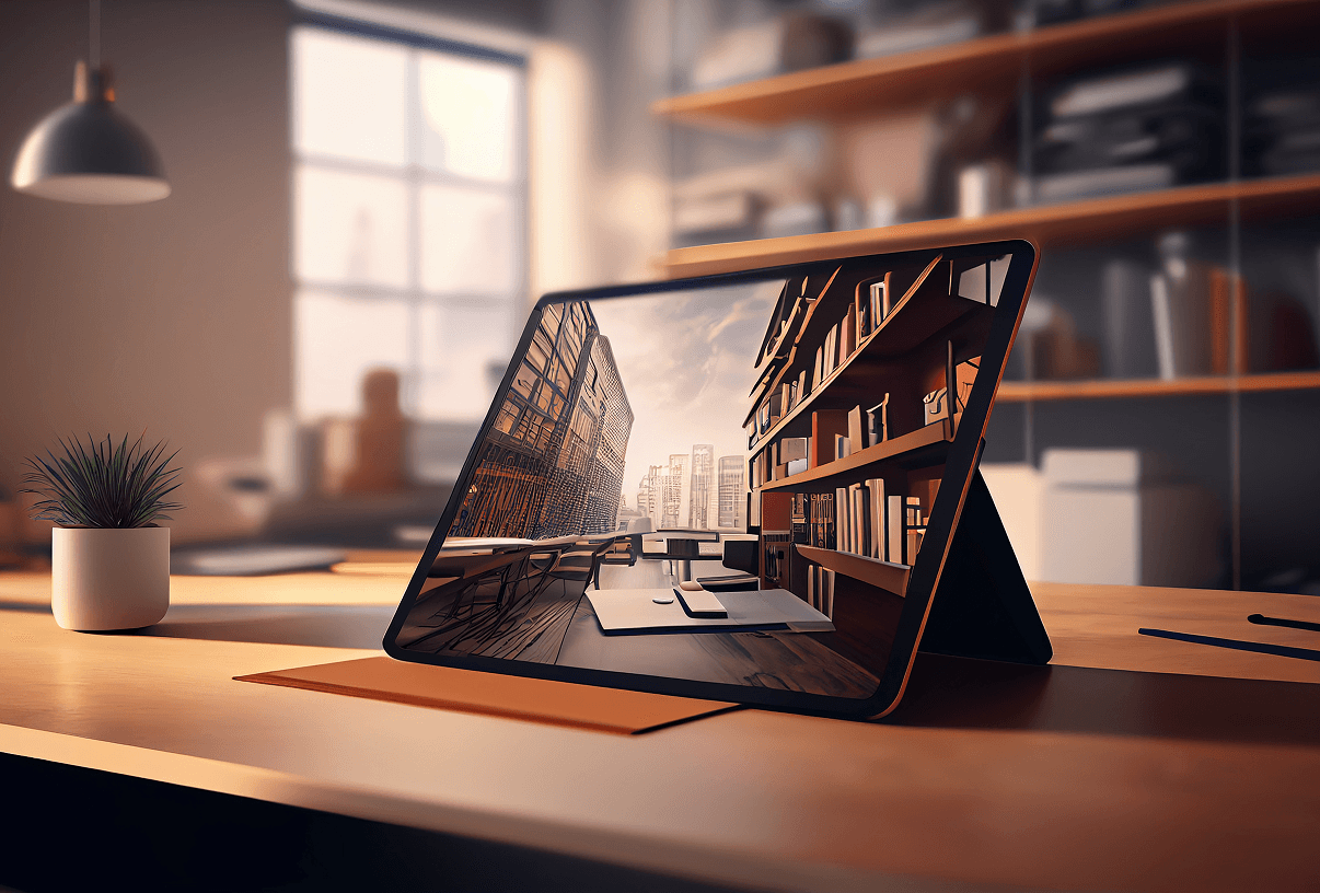 A modern digital workspace featuring a tablet displaying a sleek AI-powered marketing dashboard on a wooden desk with warm office lighting.