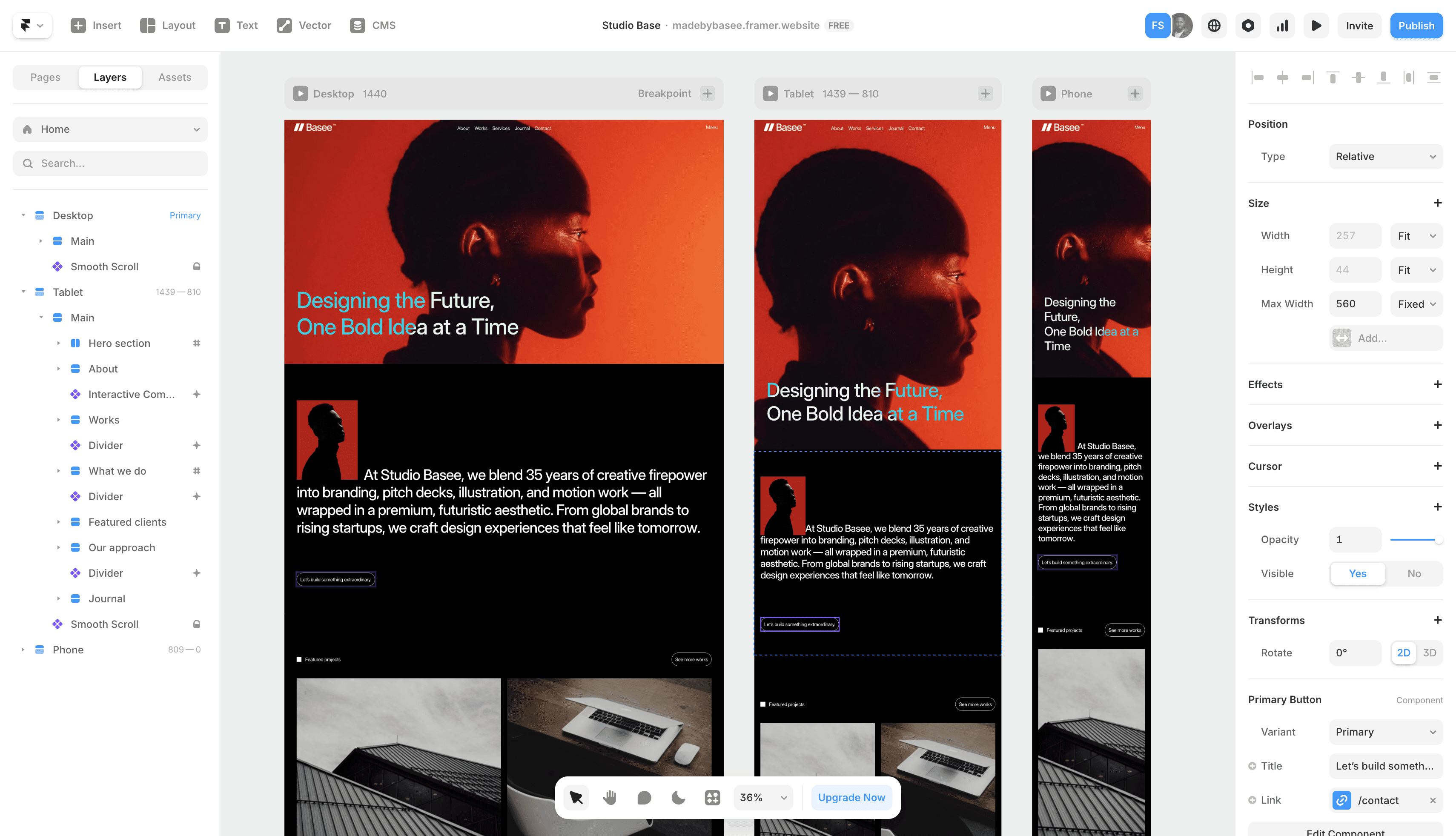 Framer User interface showing a published template