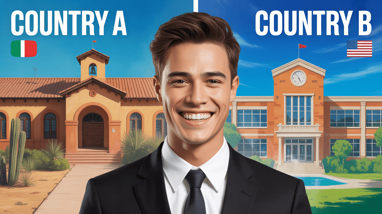 MrBeast-style philanthropy thumbnail with suited man between two school buildings labeled Country A and Country B