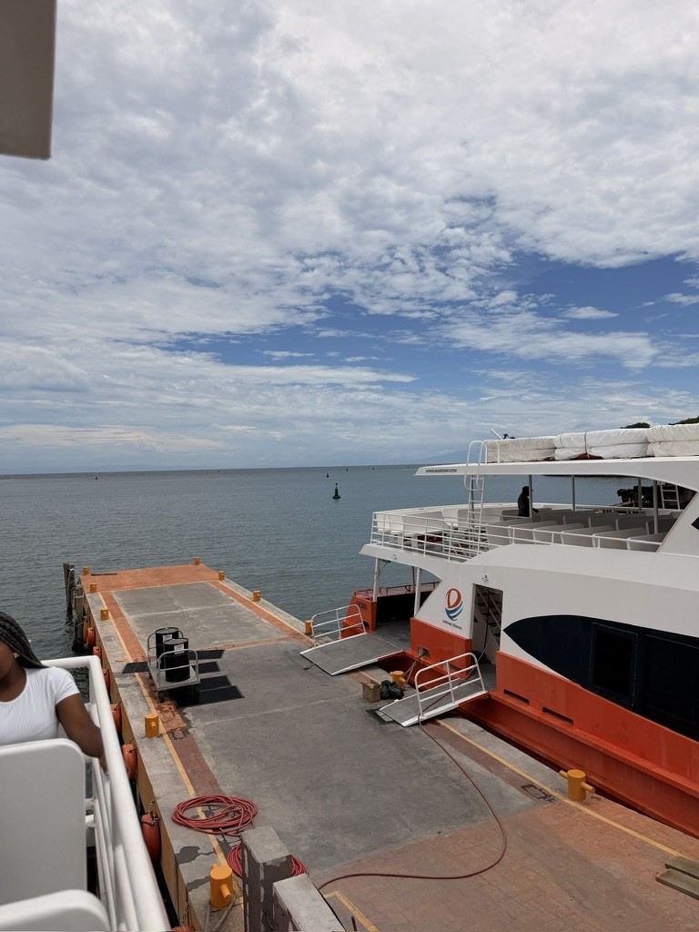 The vehicle ramp and dock where cars board the ferry to Roatán.