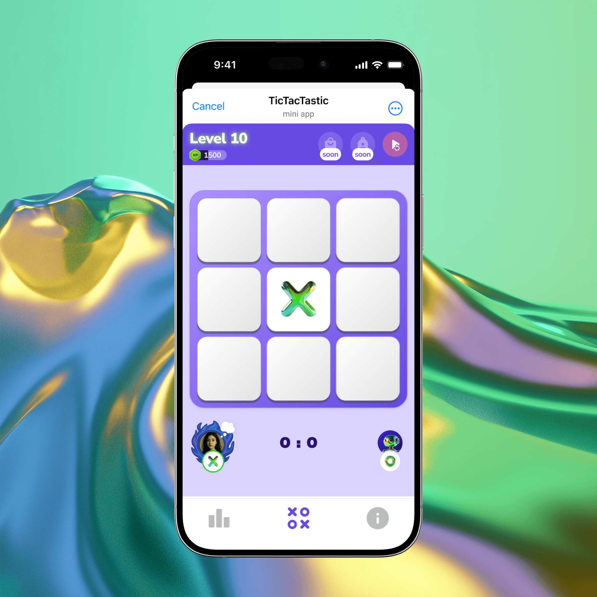 Green glass-metallic background with statistic cards