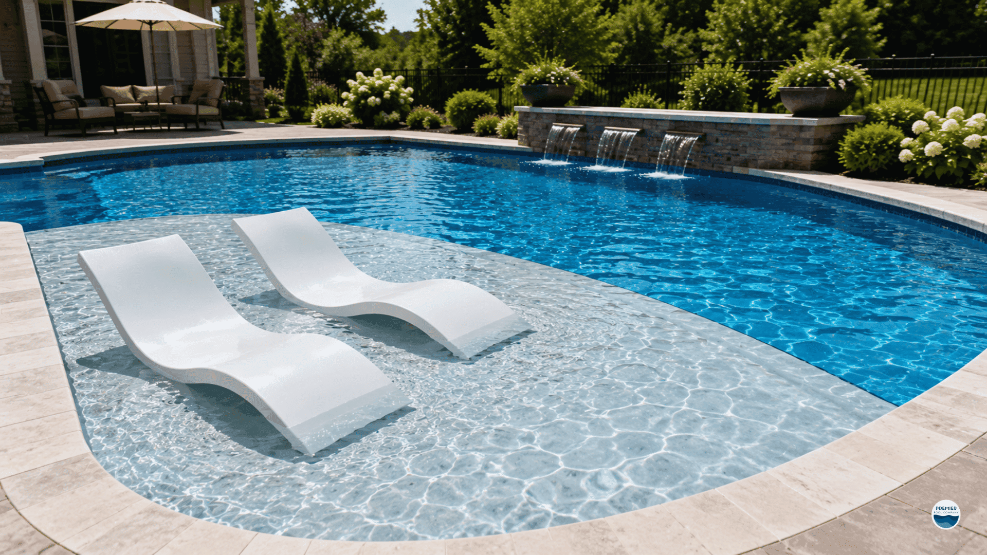 Fiberglass swimming pool showing a shallow tanning ledge with in-water loungers