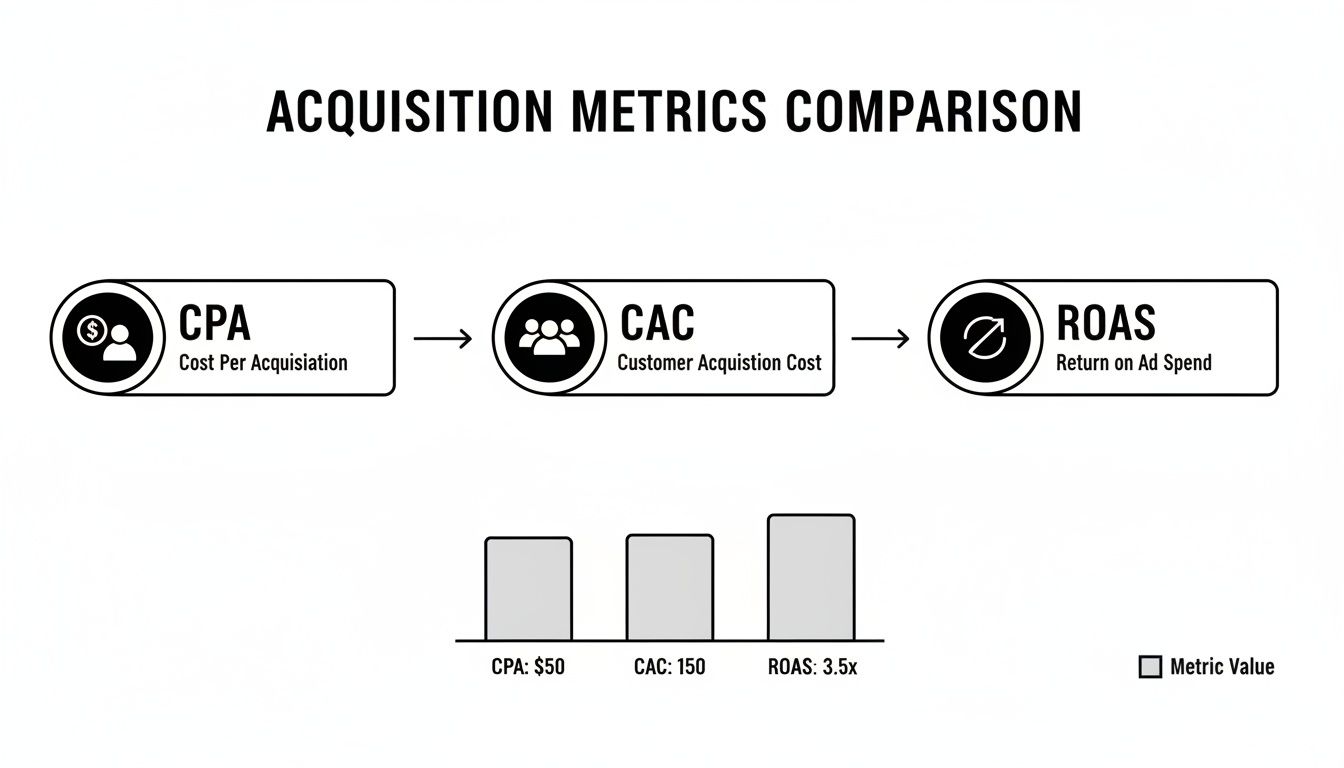 Comparison of acquisition metrics including CPA, CAC, and ROAS, showing their definitions and sample values.