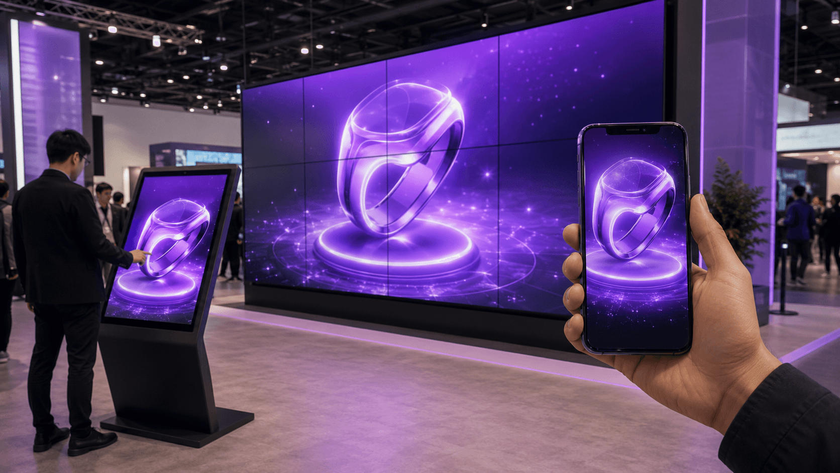 Same 3D product experience streamed to a kiosk, a video wall, and a phone at an exhibition