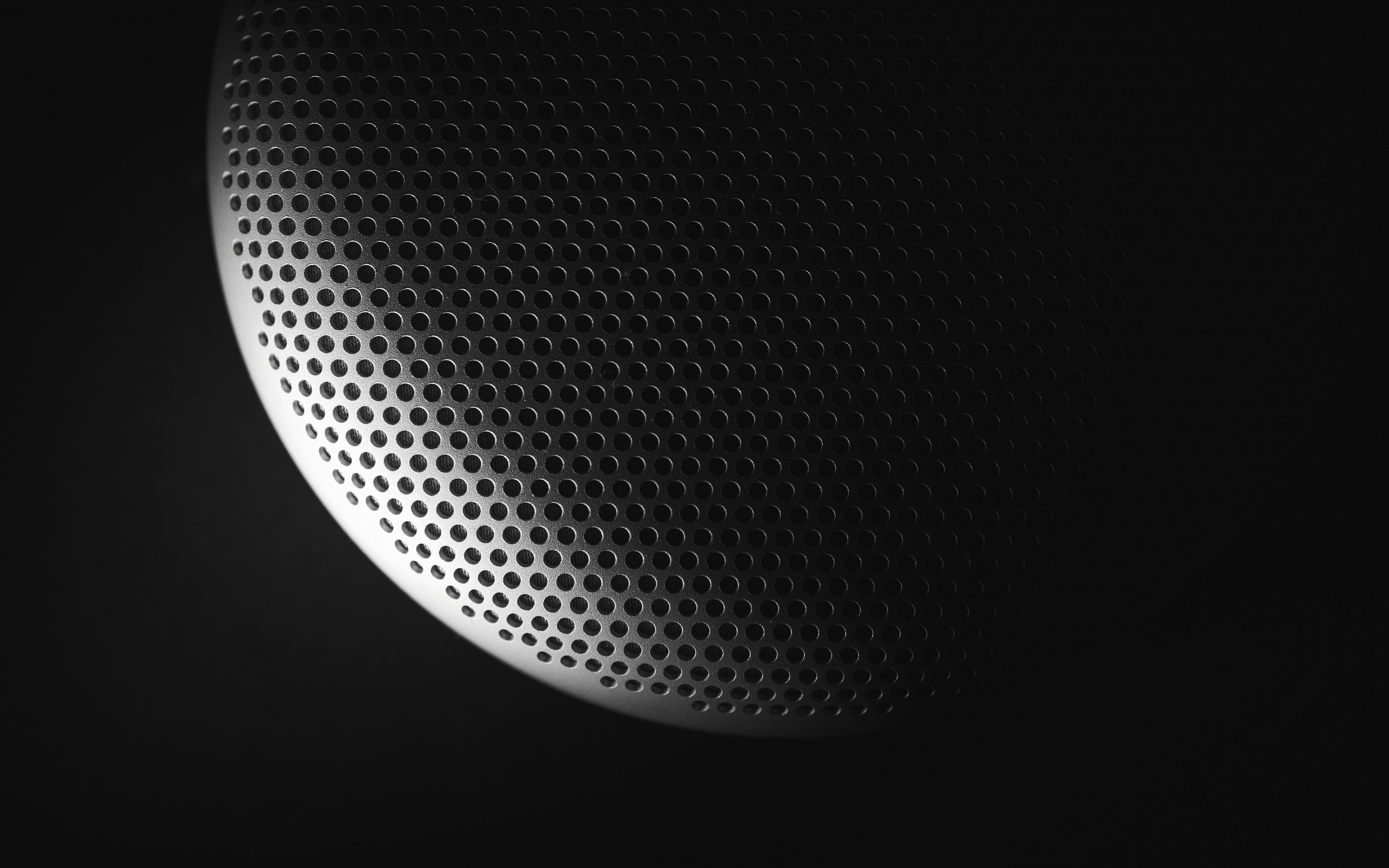 Close up of a circular grey metallic speaker, resembelling a partial lunar phase.