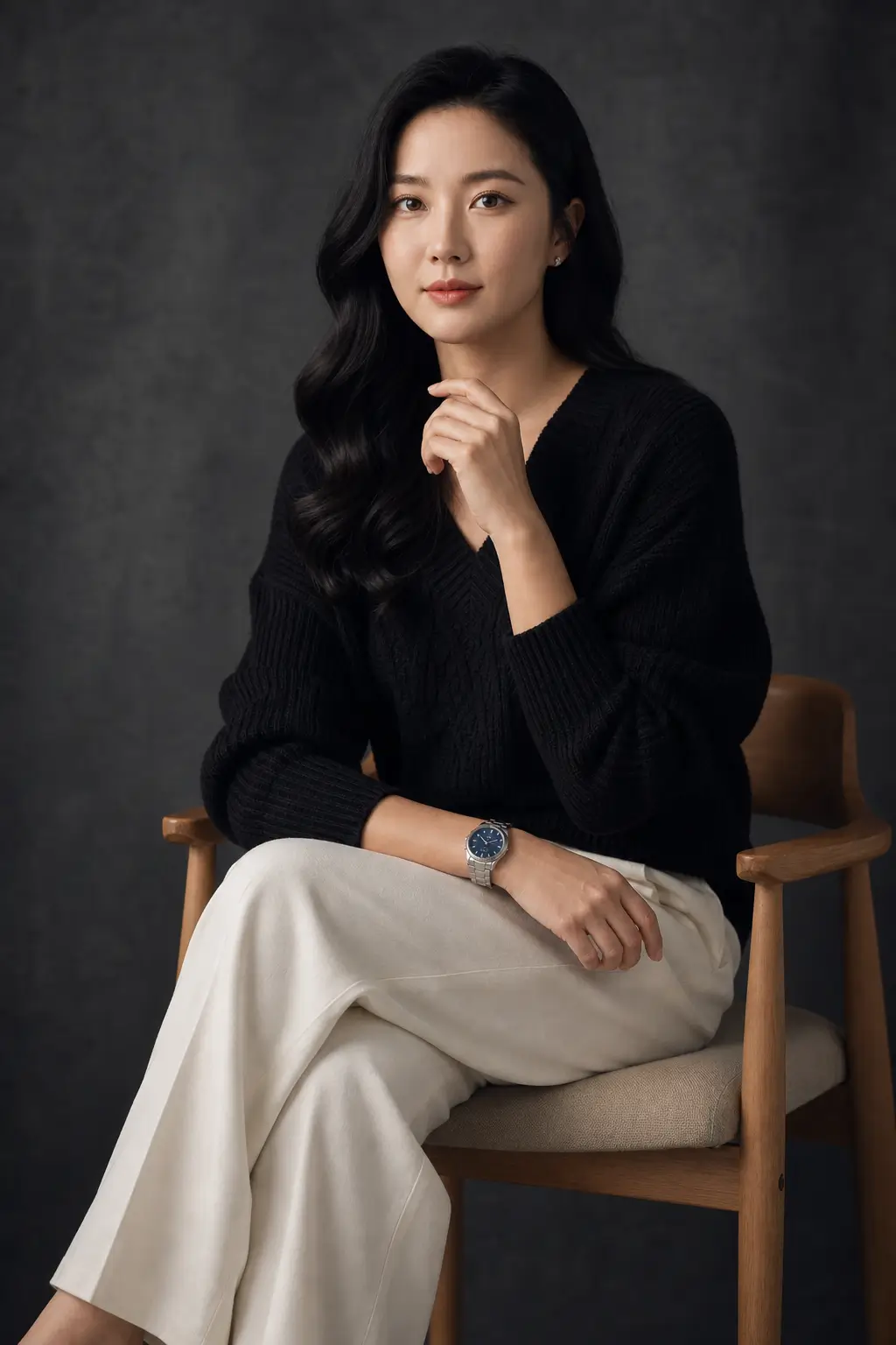AI-generated editorial portrait of a woman in a minimalist outfit posed against a dark studio backdrop.