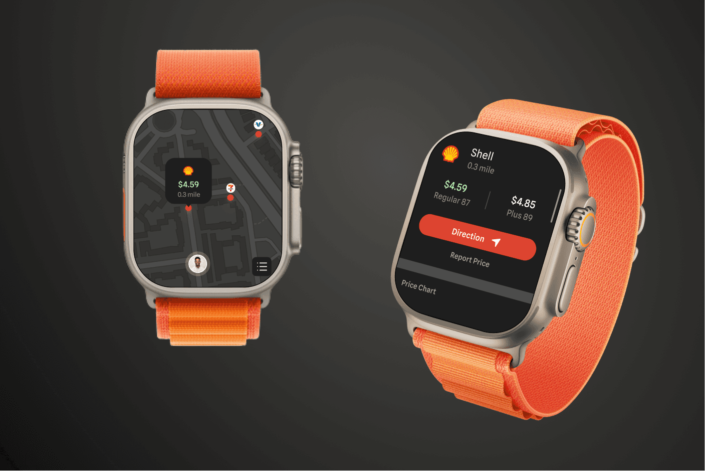 Mockup of two apple smartwatches showcasing ui of gasstop design project.
