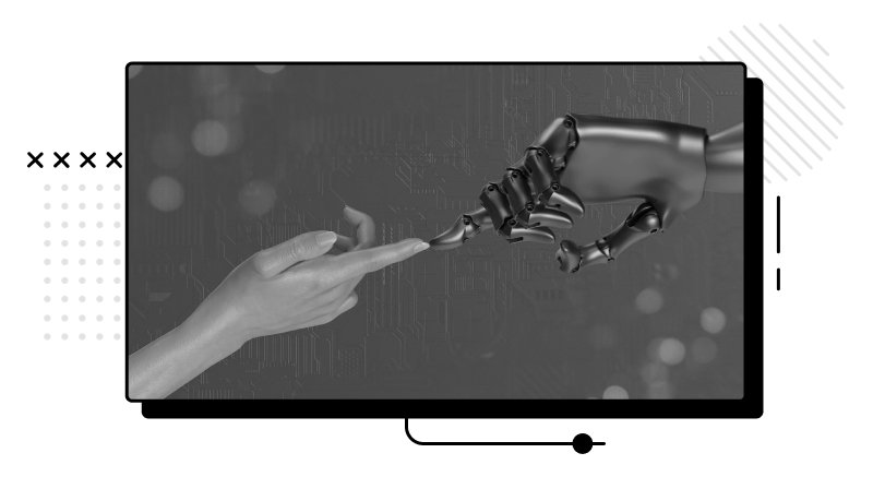 A human finger touching a robotic finger.