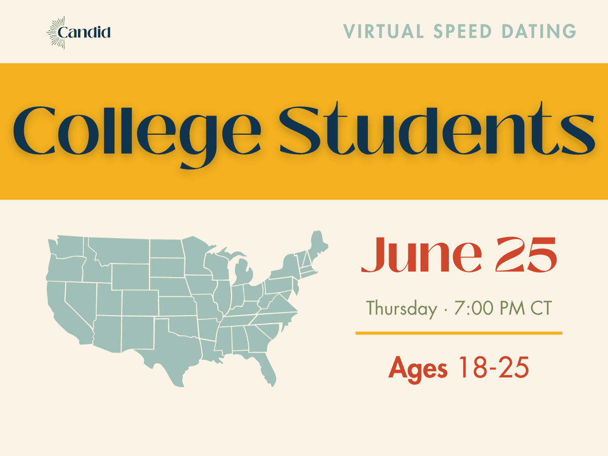 Candid Virtual Speed Dating - Nationwide College Students & Recent Grads Event on June 25 at 7:00 PM CT. Open to Catholic singles nationwide ages 18-25.