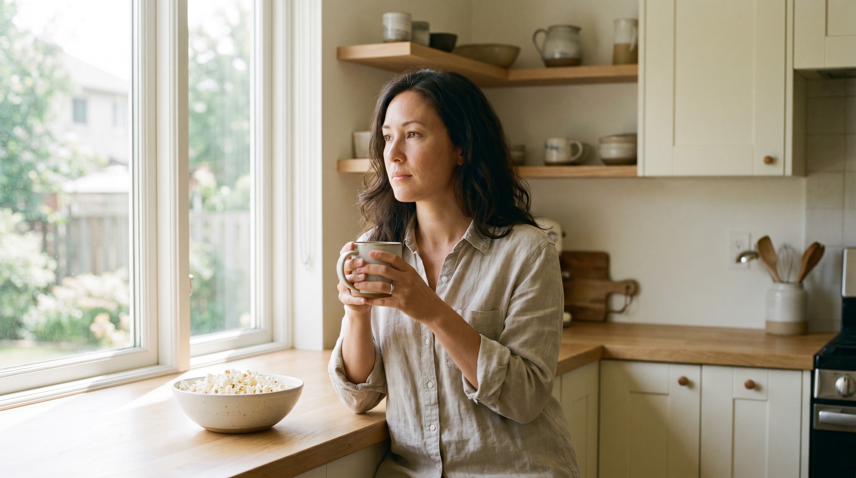 Woman pausing thoughtfully at a sunlit kitchen window with a mug, popcorn bowl on the counter beside her