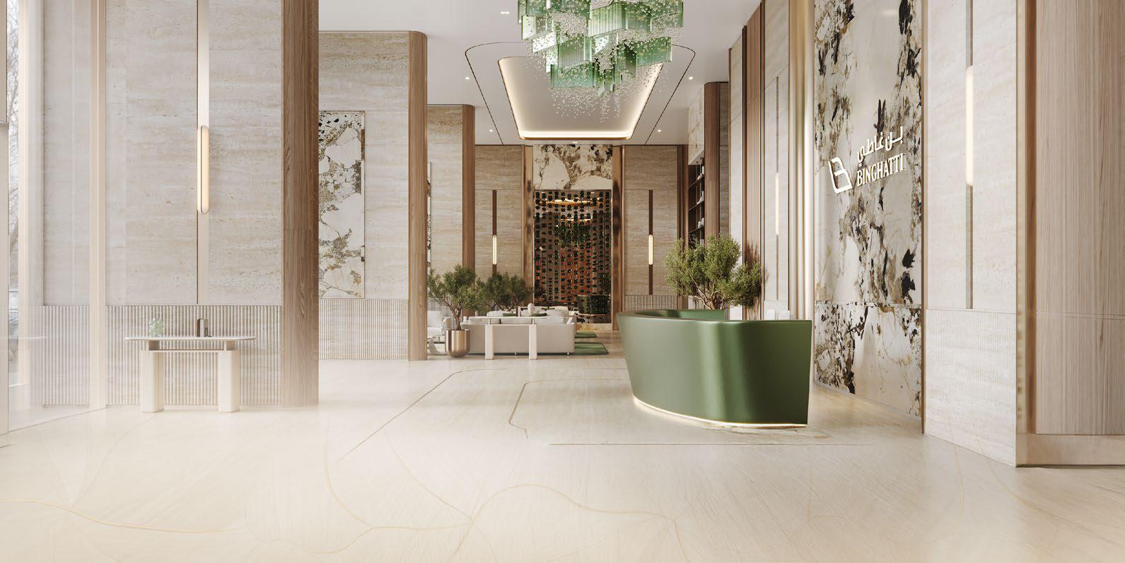 Luxury marble lobby at Binghatti Titania; contact your real estate agent for exclusive property viewings.