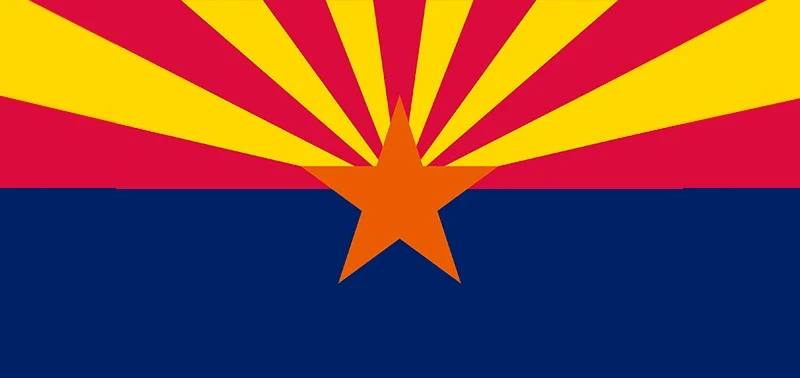 The Arizona state flag features a copper star at the center with red and yellow rays above, symbolizing the desert sunset, and a blue lower half representing liberty.