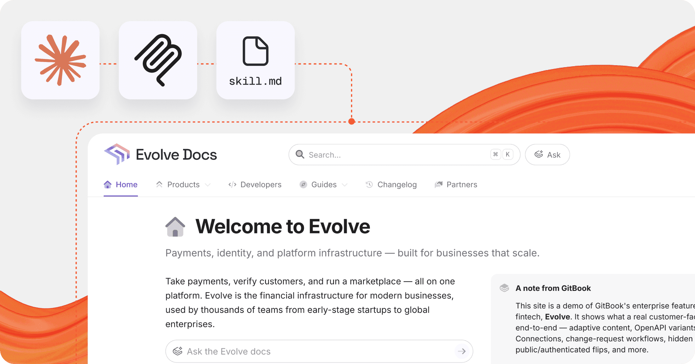 An illustration showing a finished docs site with Claude, MCP and skill.md icons above it