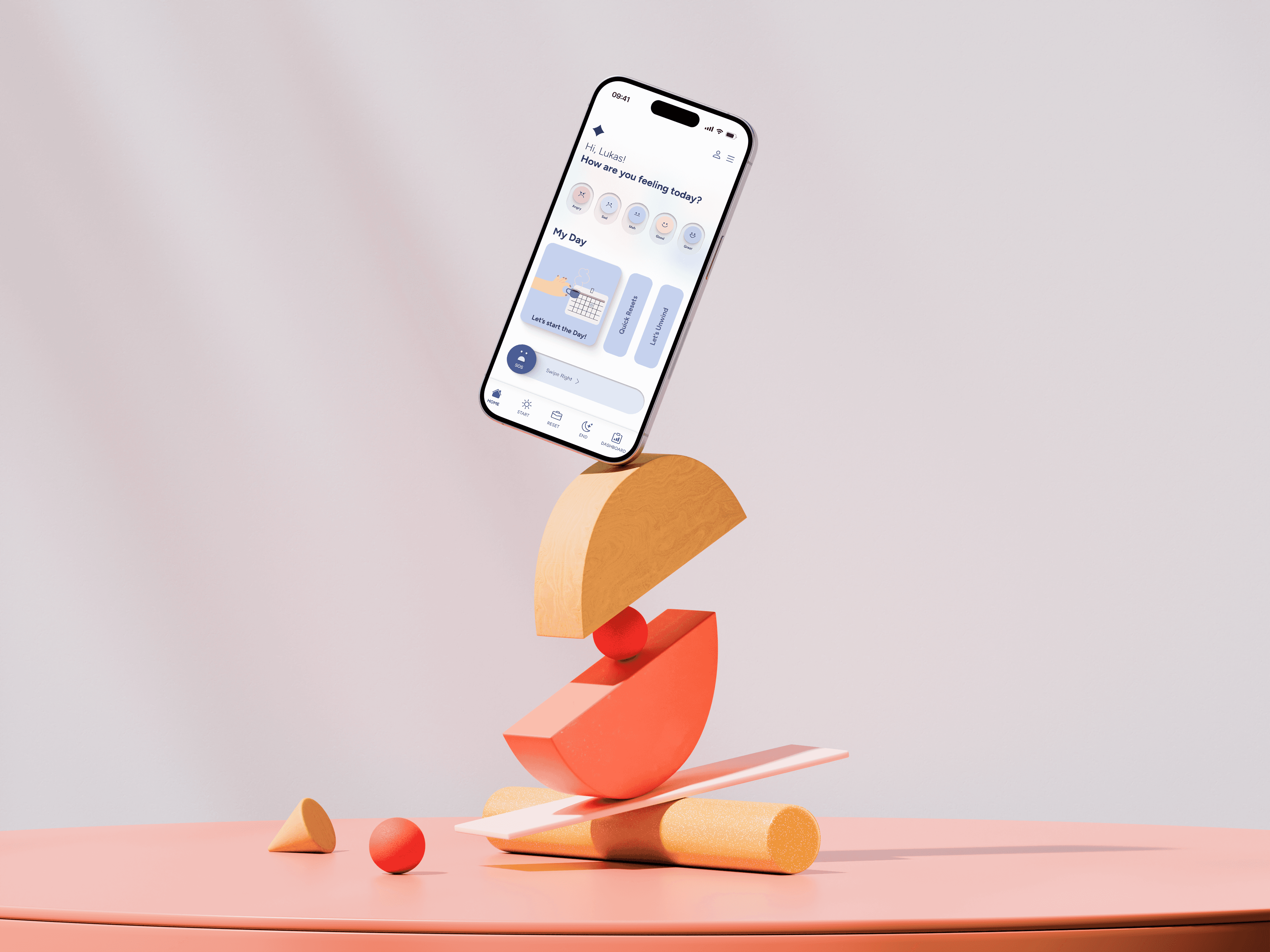 Minimal iPhone mockup of the Your Inner World app, designed by Lunatique Studio, placed on a textured rock surface