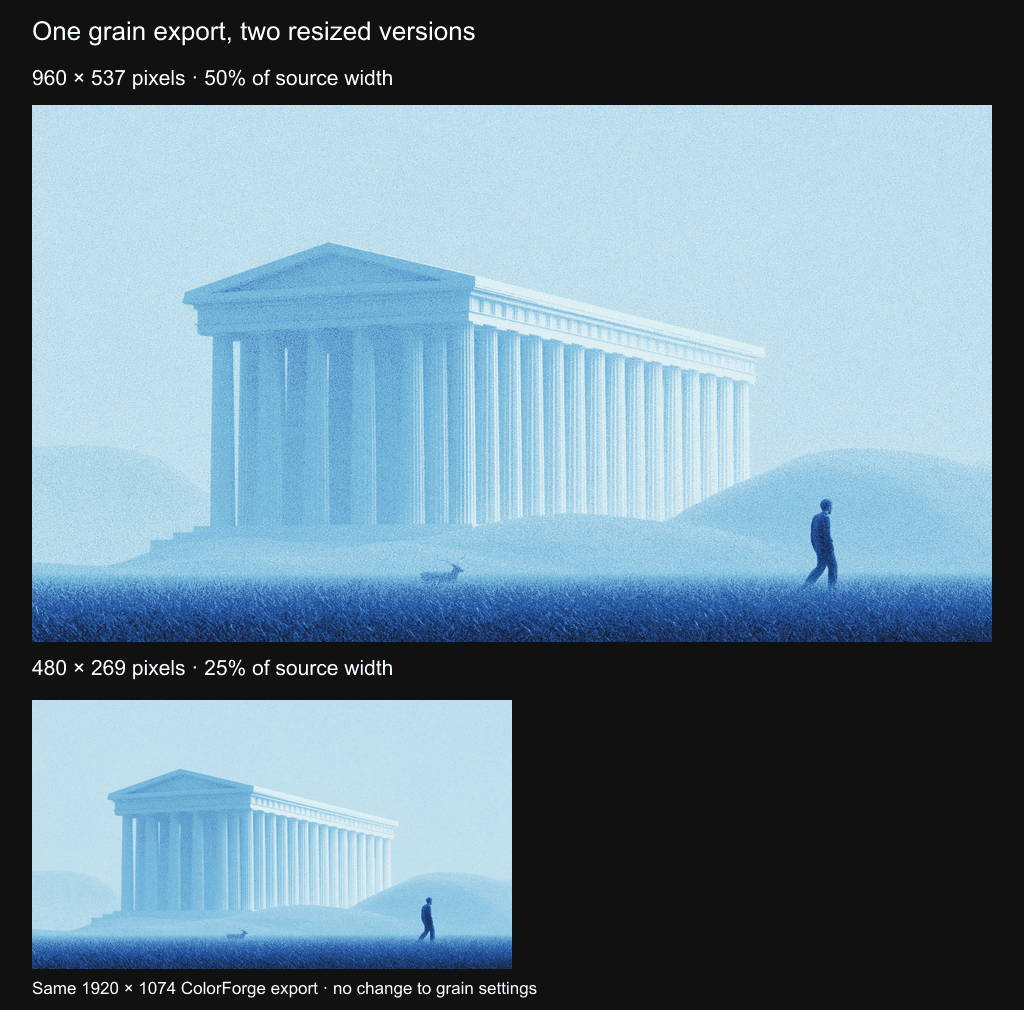The same blue architectural ColorForge Film grain export resized to 960 by 537 and 480 by 269 pixels, with finer texture less apparent in the smaller version.
