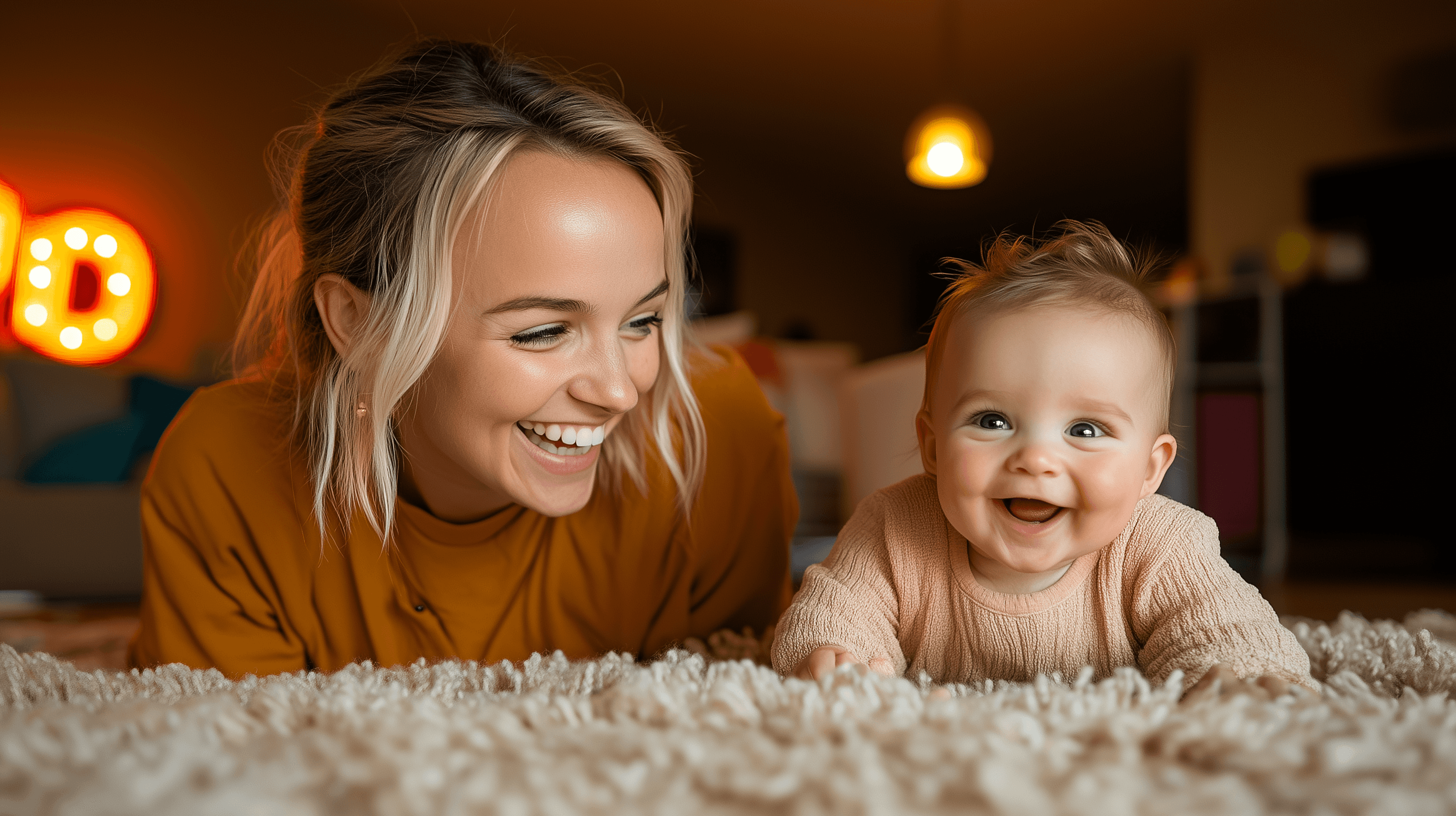 A smiling nanny personal assistant engaging with toddlers during a creative play session in a sunlit playroom, showcasing both care and organization. Alt text: Nanny personal assistant interacting with children in a modern play area.