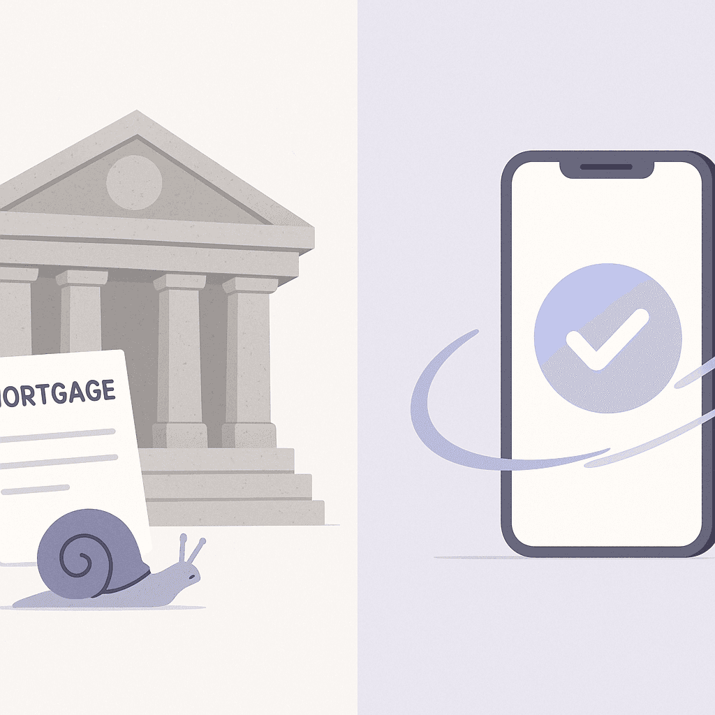 Split illustration contrasting slow single-bank lending with fast AI comparing many lenders simultaneously