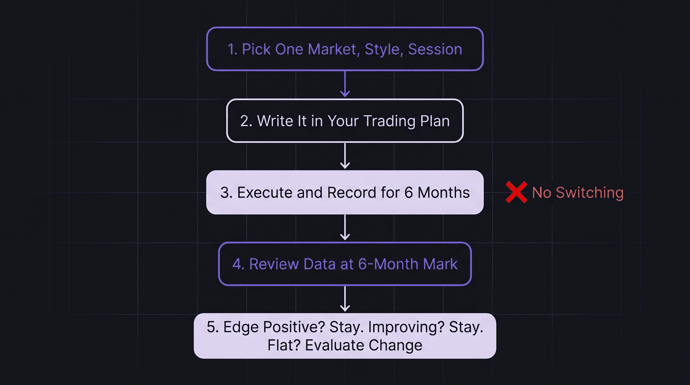 Flowchart showing the 6-month commitment framework from picking a market through to the review decision