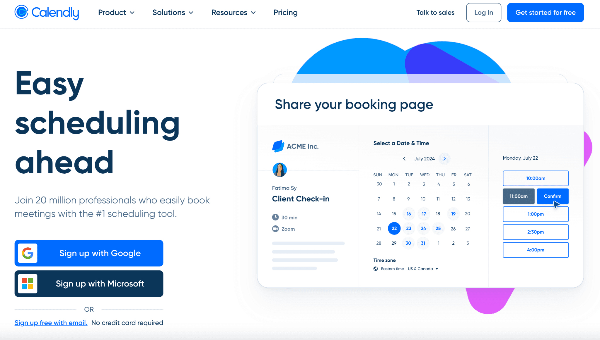 Screenshot of the Calendly homepage with a booking page interface and sign-up options&nbsp;