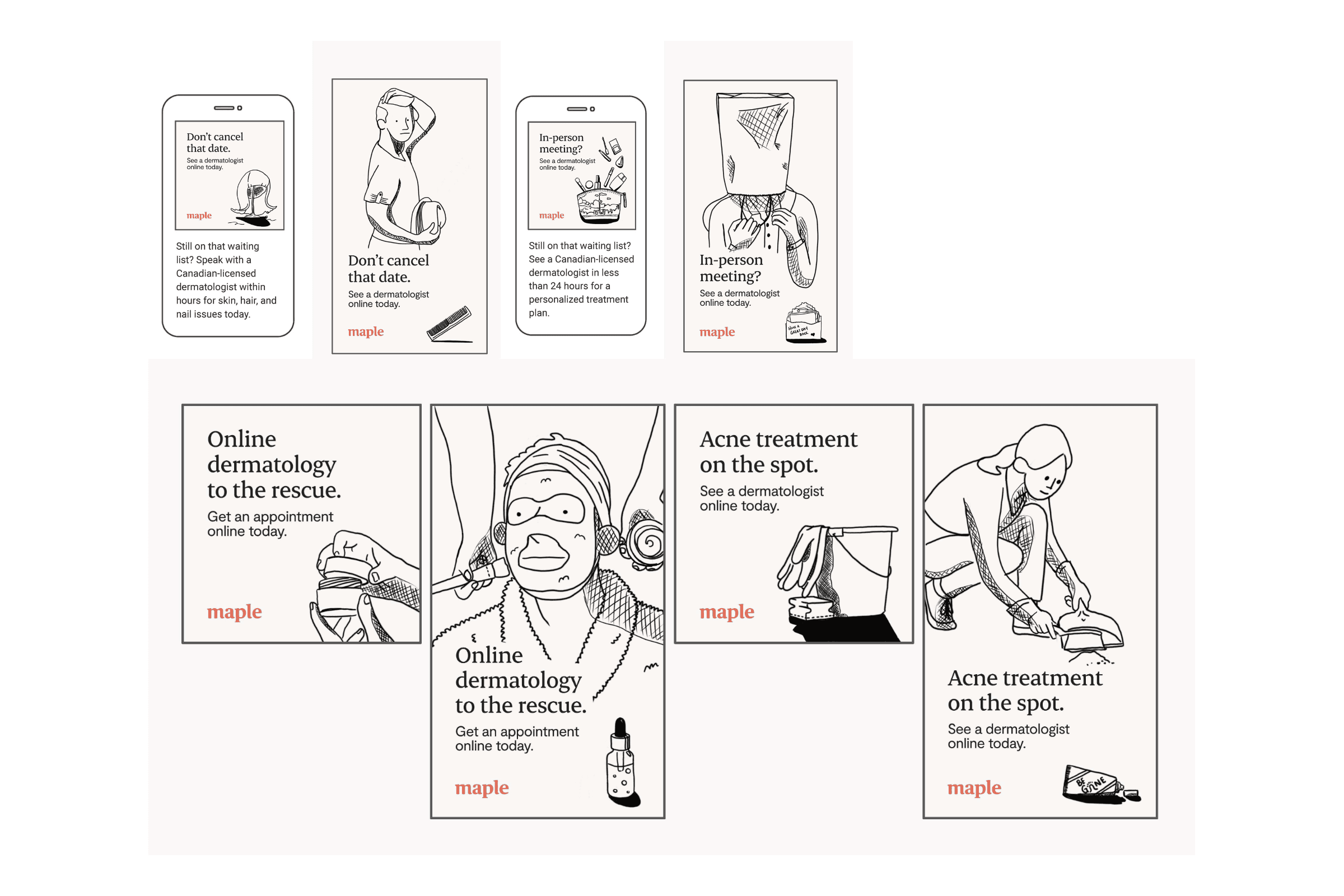Concept-stage paid ad tiles for Maple's April 2022 campaign, featuring illustrated headlines such as "Online dermatology to the rescue. Get an appointment online today."