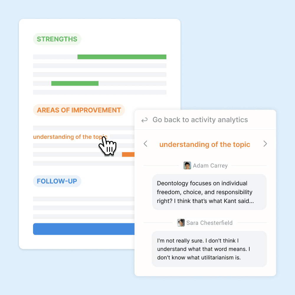 Example of how the class summaries will surface specific student responses that exemplify key insights in the analysis of all the sessions students had with a specific tutor.